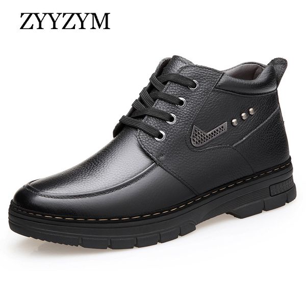 

zyyzym mens boots winter lace up style leather snow shoes ankle plush keep warm male boots high quality, Black