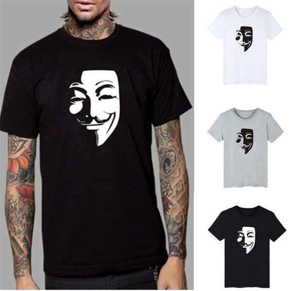 

mens summer t shirt v for vendetta print cotton short sleeve black white grey round neck t shirt size s-3xl, White;black