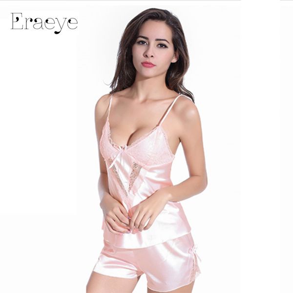 

eraeye women summer silk satin pyjama set sleeveless pijama set lace pajama v-neck sleepwear sleep wear for ladies, Blue;gray