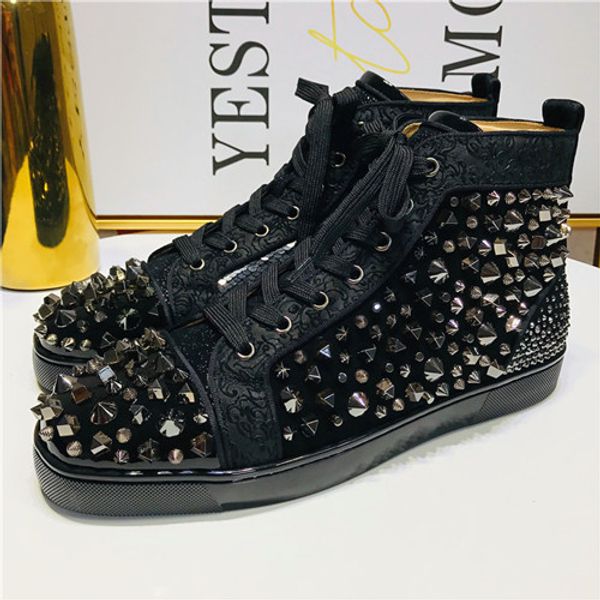 

[With Box] Mix No Limit Men's Flat High-top Luxury Black Shell Stud Spikes Red Bottom Sneakers Shoes,Perfect Party Dress Casual Walking