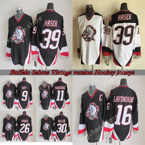 

men's ccm vintage buffalo sabers jerseys 39 hasek 11 perreault 26 vanek 9 roy 30 miller 16 lafontaine throwback retro hockey jersey, Black;red