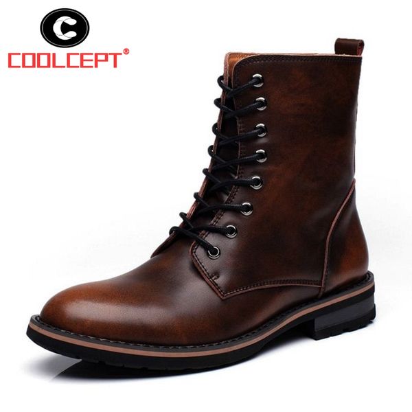 

coolcept men motorcycle boots vintage combat boot winter fur cow split leather waterproof boots men shoes size 38-44, Black