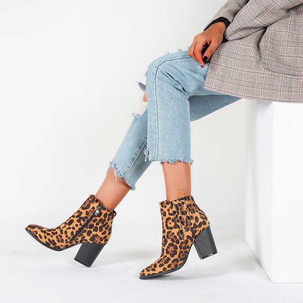 

leopard ankle boots womens 2020 new european and american-style high-heel fashion wild short chunky heel side zip short boots plus size 43, Black