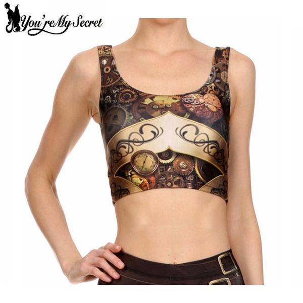 

you're my secret] new steampunk 3d digital print woman cropped crop fitness sleeveless mechanical gear women top, White
