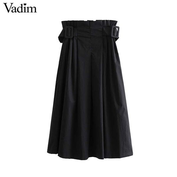

vadim women fashion midi pleated skirt elastic paperbag waist side zipper female causal basic solid skirts ba805, Black