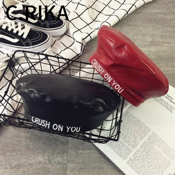 

leather beret women black pu leather flat cap hat letters female beret painter cap ladies boina feminina gorras winter hats, Blue;gray