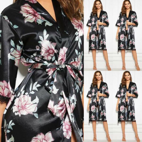 

new women v-neck satin silk lace flora robes lingerie pajama nightwear nightgown sleepwear robes, Black;red