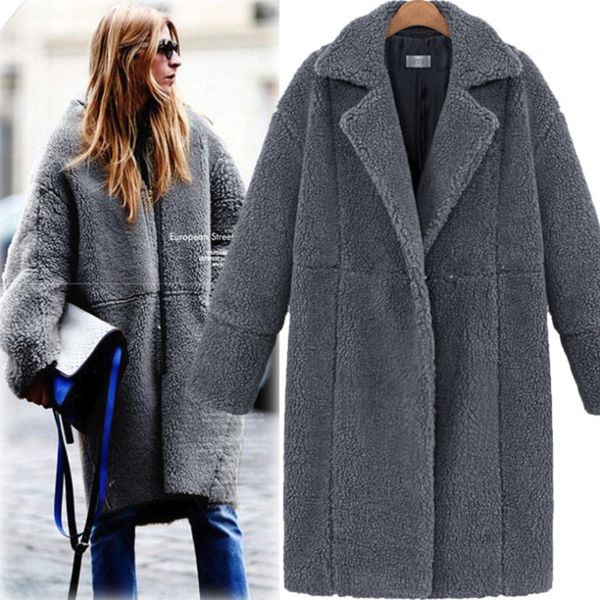 

2019 women autumn winter loose solid color jackets lapel casual long sleeve warm faux cashmere wool women coat, Black