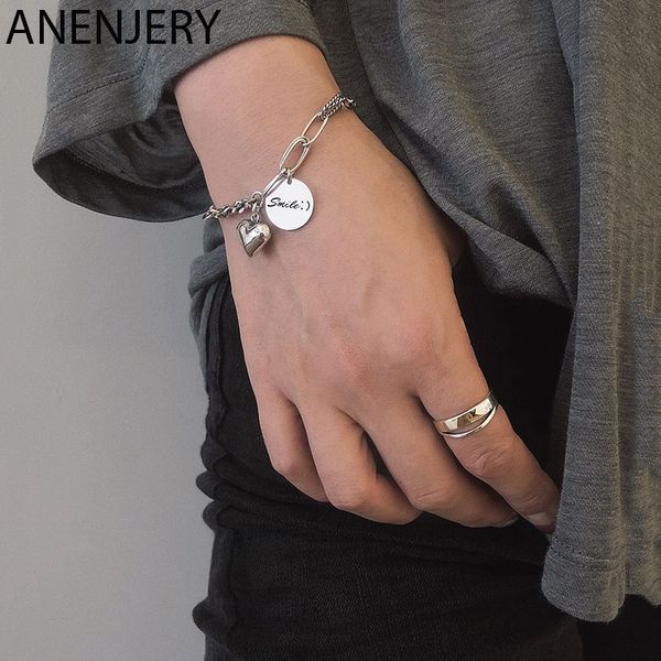

anenjery smooth love heart smiling face thai silver bracelet 925 sterling punk jewelry for women bead chain bracelet s-b345, Black