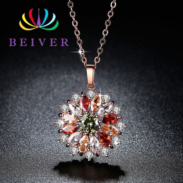 

beiver multi-color zircon rose gold color flower necklace for women 2019 new fashion wedding jewelry, Silver