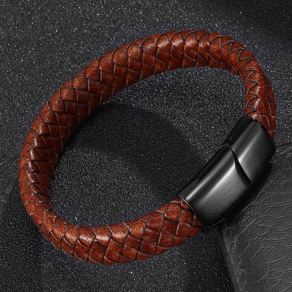 

hmsfely retro brown genuine wide braided leather bracelet vintage black men cuff bangles black magnetic clasp bracelet, White