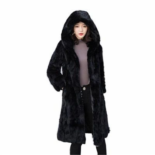 

new luxury really rex fur hooded long-sleeved fur coat winter plus size female thick warm high-quality overcoat g1360, Black