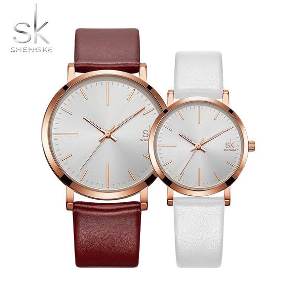 

sk women dress watches luxury lovers couple watch shengke men date waterproof women leather strap quartz wristwatch montre homme, Slivery;brown
