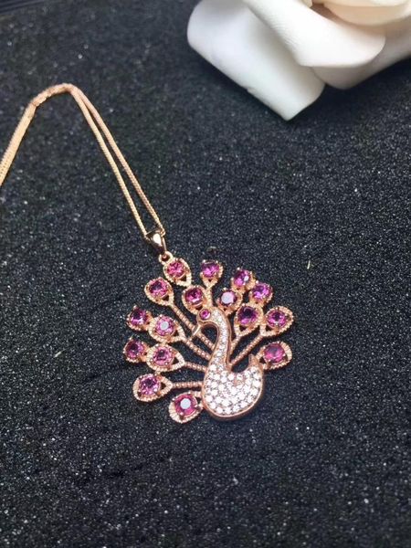 

natural red garnet stone pendant s925 silver natural gemstone cute lovely peacock phoenix pendant necklace women girl jewelry