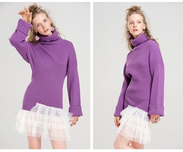 

spring winter new turtle neck warm bottom stitching mesh slim thick sweater pullover long sleeve sweater, White;black