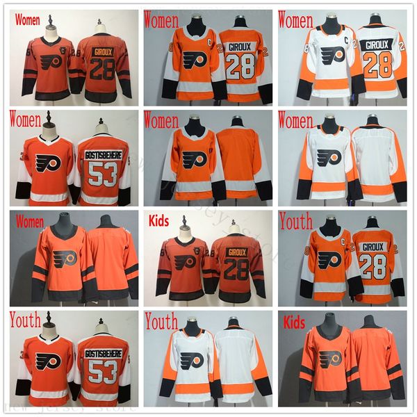 

women youth kids philadelphia flyers jersey ice hockey 28 claude giroux 53 shayne gostisbehere orange stadium series white stitched jerseys, Black;red