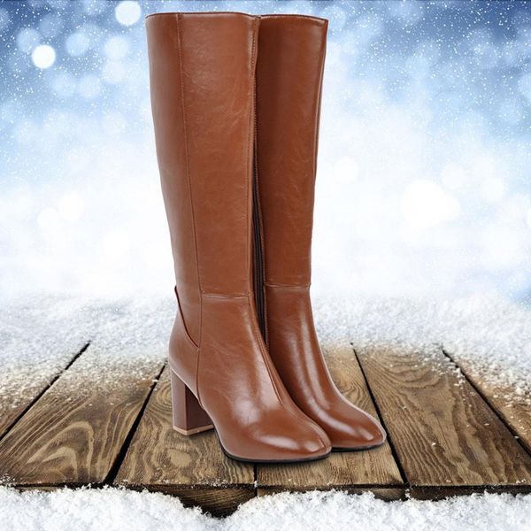

elegant winter boots women knee high long boots fashion square heel platform winter women non-slip motorcycle, Black