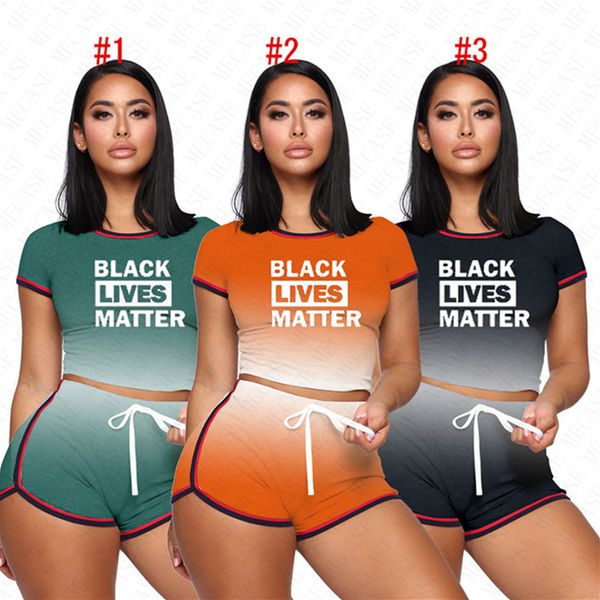 

summer stripe tracksuit black lives matter designer women shorts sets two piece t-shirt crop + shorts set gradient outfit d62309, White