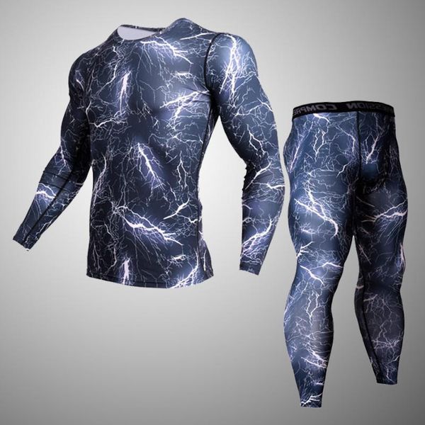 

men's clothing compression shirt + leggings rashguard kit long sleeves for men fitness workout thermal underwear base, Black;blue