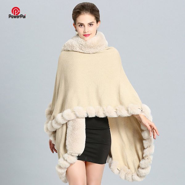 

fashion luxury handcraft fur coat cape long big cashmere faux fur overcoat cloak shawl women autumn winter wraps poncho, Black