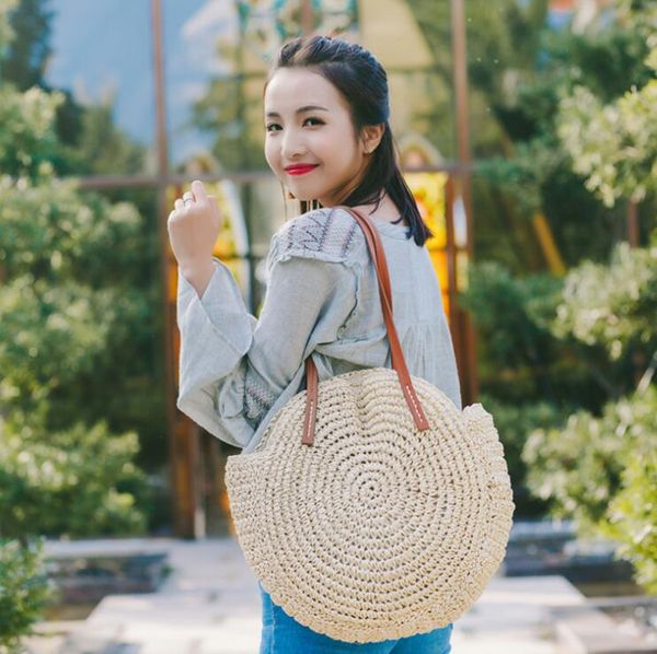 

designer-new hand-woven bags ins round shoulder straw bag beach bag large capacity beach handbag holiday special hand-woven bags/5