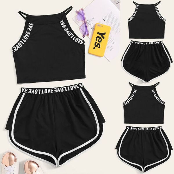 

2pcs women's sleeveless sports set fitness set sling t-shirt + stretch shorts summer casual letter clothes set, Gray