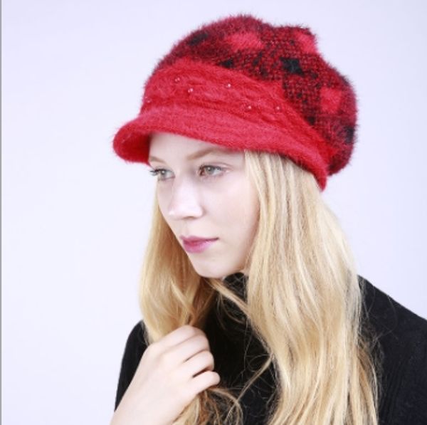 

new ladies fashion autumn and winter knitted wool warm beret brand mixed color pearl cap luxury and cashmere hat wholesale, Blue;gray