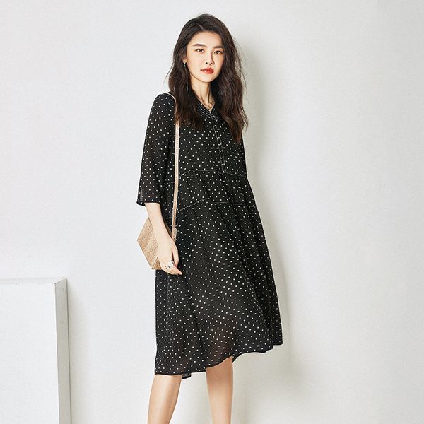 

ron too] 2020 summer new mulberry silk v-neck tall waist snowflake printed crepe de chine single silk dress is female, Black;gray