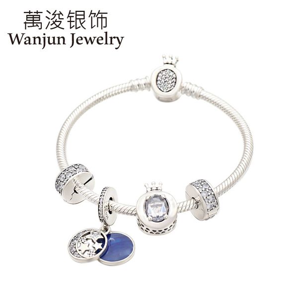 

wanjun jewelry 100% 925 sterling silver bright stars bracelet set bracelets pendant & bangles beadeds finished product pendants, Golden;silver