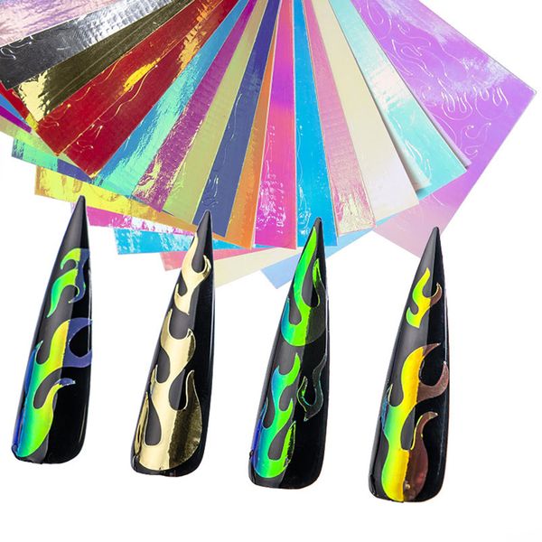 

1 sheet laser fire flame design nail sticker salon magic nail sequin decals holographic stickers manicure art accessories, Black