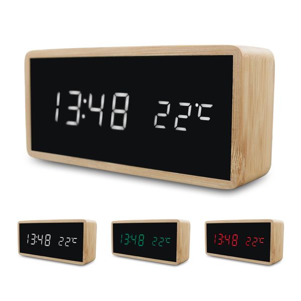 

bamboo wooden digital alarm clocks usb charge led display with mirror temperature digital watch home bedroom office study decor