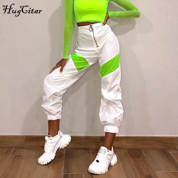 

hugcitar 2020 high waist zippers patchwork cargo pants autumn winter women steetwear outfits windbreak trousers, Black;white
