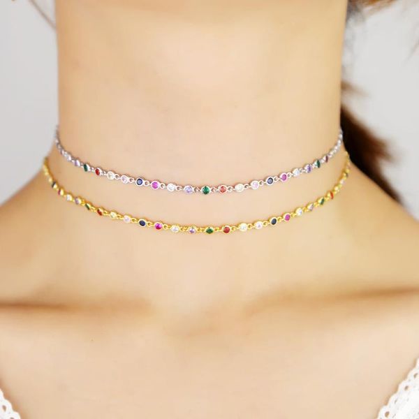 

colorful simple zircon link chain necklace bezel cz gold silver color fashion women 32+8cm charm choker necklace