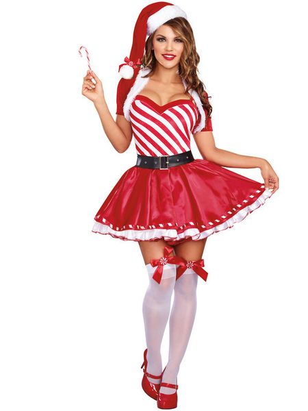 

wholesale price lady santa's candy cane costume women christmas sweet fancy dress theme costume, Black;red
