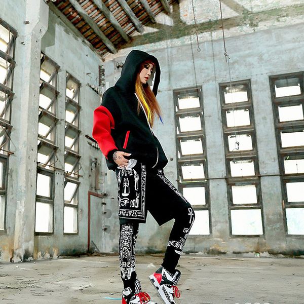 

autumn hip-hop cool fake two piece pants leisure sportswear women pants female street dancer skateboard favorite trouser, Black;blue