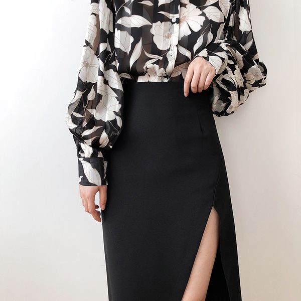 

high waist split skirt female summer 2020 black light mature pencil midi skirt