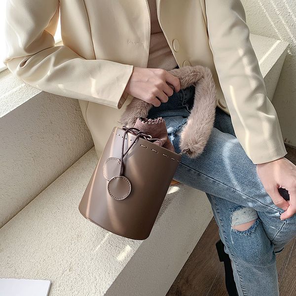 

fashion pu leather women bucket bags with flannel handle shoulder crossbody bags for women 2019 designer purses and handbags