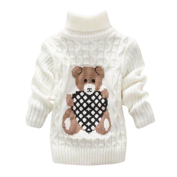 

детские cute bear печати winter boy девочка толстой вязаная основывая водолазка рубашка для младенцев детей высокого воротник пуловер свитер, White