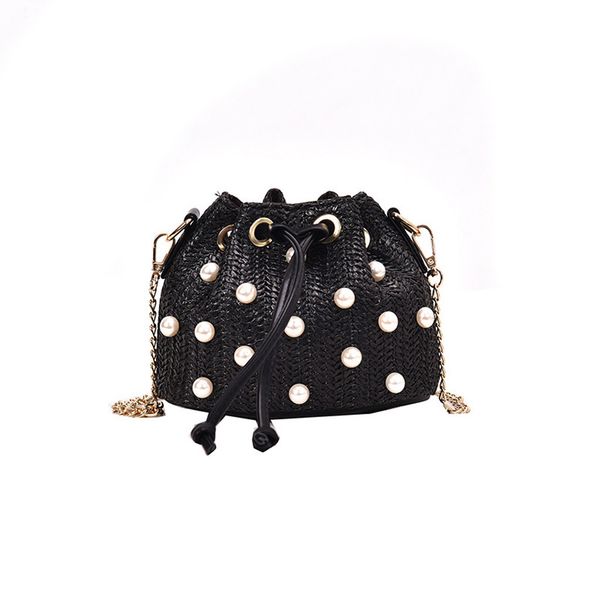 

women national wind straw polka dot pearl bag solid color casual tote chain shoulder bag simple creative messenger in bucket