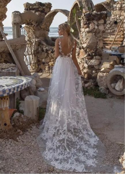 Limor Rosen 2019 Praia Vestidos de Casamento Uma Linha de Renda Applique Boho Vestidos de Noiva Strap V Neck Backless Vestidos De Novia239U