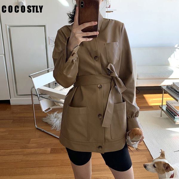 

casual leather jacket women coat casual ladies pu leather motor jacket vintage female faux trench for autumn winter, Black