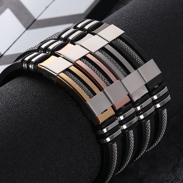 

stainless steel silicone black bracelet men jewelry punk vintage new design wristband men bracelet rubber charm pulsera hombre, Golden;silver