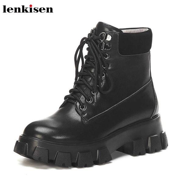 

lenkisen winter super keep warm genuine leather boots round toe thick bottom platform fashion lace up solid ankle boots l3f2, Black