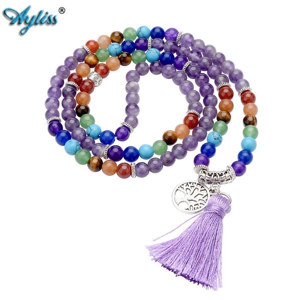 

ayliss 1pc 6mm natural 7 chakra healing crystal gem stone buddhist prayer 108 beads tibetan mala bracelet necklace tassel, Golden;silver