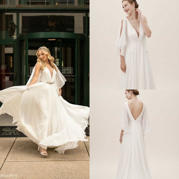 

2020 bhldn boho wedding dresses v neck a line sweep train backless beach wedding gowns with belt custom made vestidos de novia, White