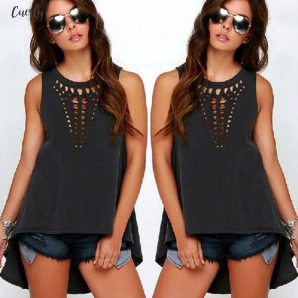 

local stock 2020 women shirts summer casual solid color hollow loose vest shirt sleeveless black o neck blouse, White