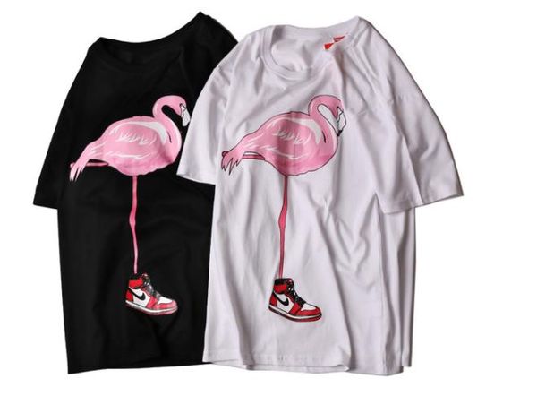 

summer flying flamingo pattern printing cotton round neck loose lovers t-shirt new men and women with the same shirt short sleeve tee, White;black