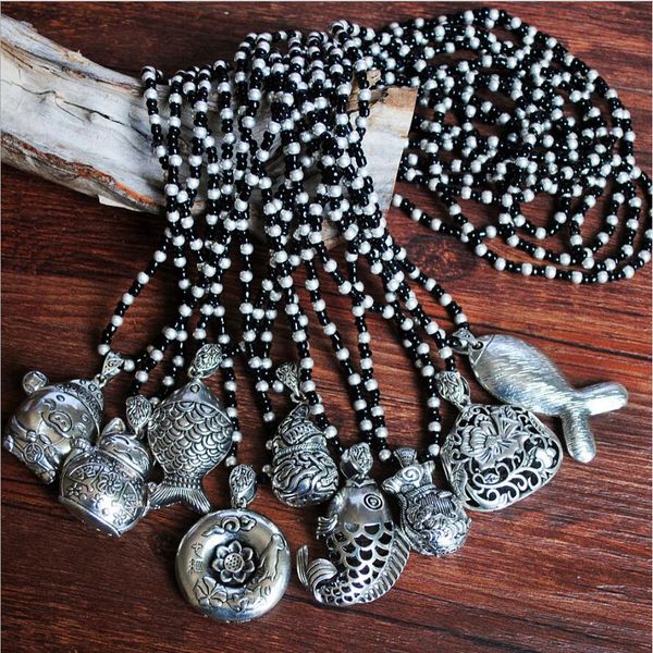 Mix tibetische Silberlegierung Elefant Anhänger Halskette Vintage exotische lange Reisperlen Kette Thai Halsketten Schmuck für Männer Frauen