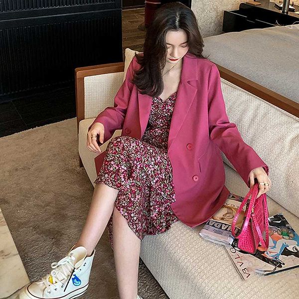 

fashion new spring summer women clothes 2 piece set women double-breasted suit jacket and floral print slip dress sl476, White;black
