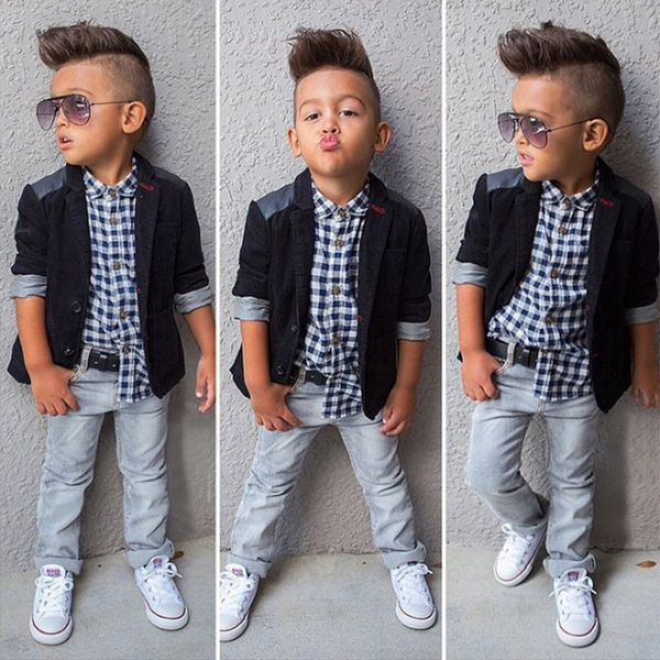 

suits blazers children's clothing boy's three pieces sets plaid wholesale single breasted turn-down collar boys fashion formal, White